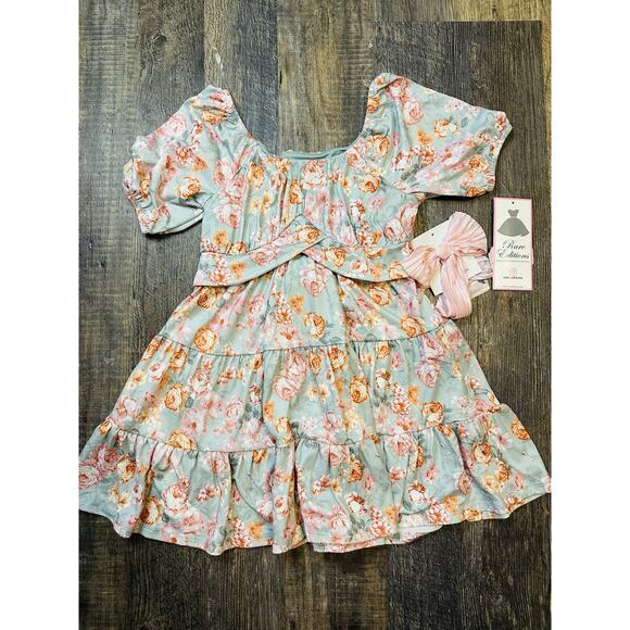 Rare Editions Other - Rare Editions Light Green Floral Girls Puff Short Sleeve Tiered Dress Size 8 NWT